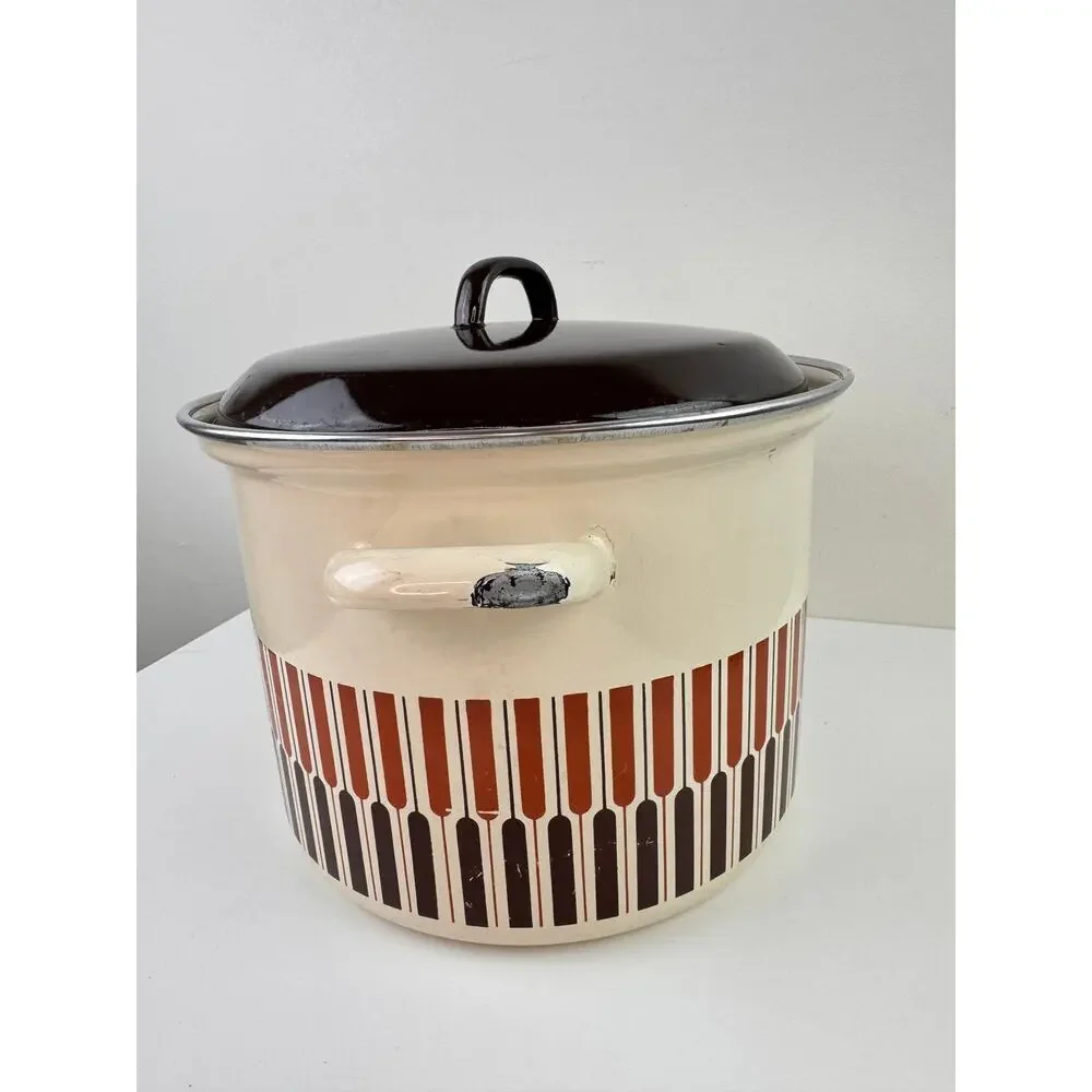 Vintage Moneta MCM Beige Brown Stock Pot 8-Quart Enamel with Lid Made in Italy
